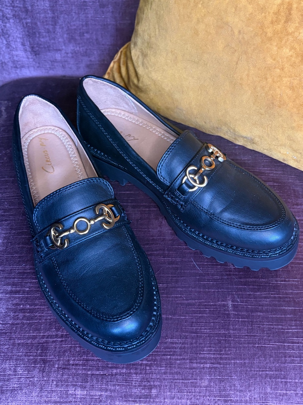 Circus by Sam Edelman Black Matte Loafers with double C chain accent